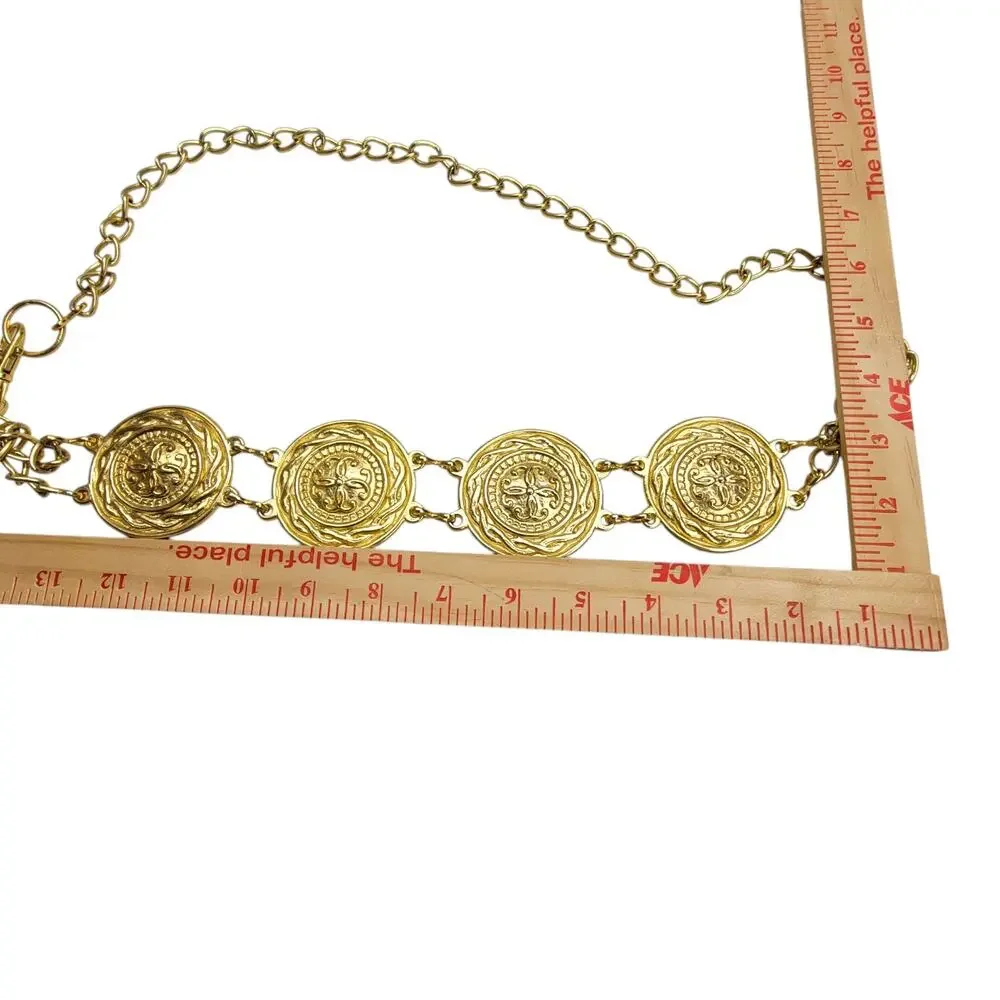 Vintage Gold Tone Medallion Chain Belt Baroque Coin Crest Adjustable Waist